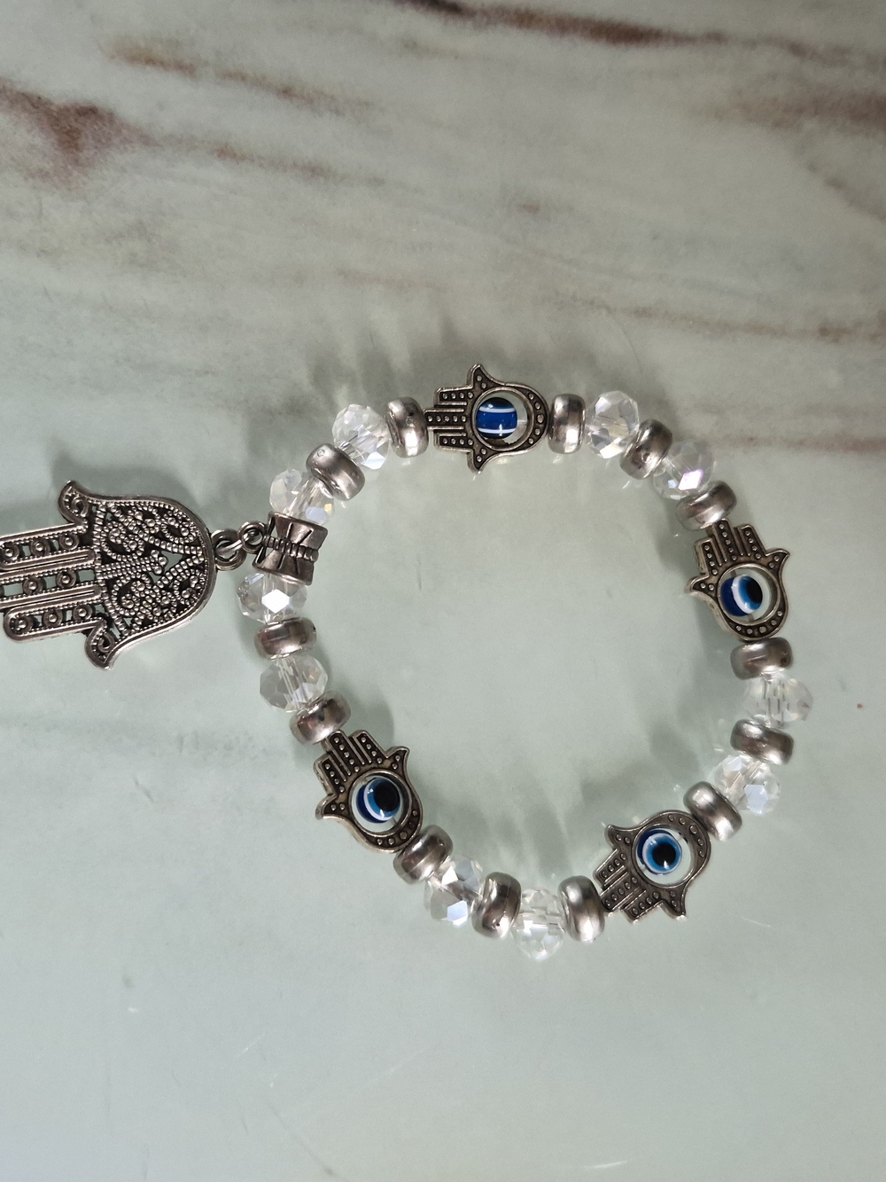 Hamsa Hand Silver & Blue Beaded Bracelet